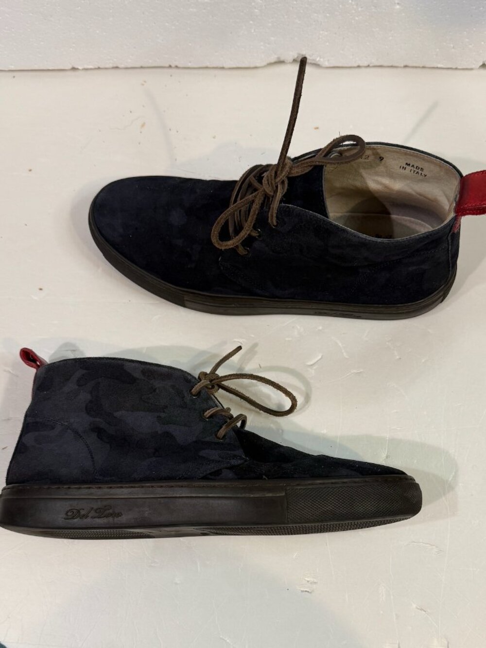 Del Toro Navy Blue Camo Suede Chukka Boots Men Size 9 Dress Made in Italy RARE